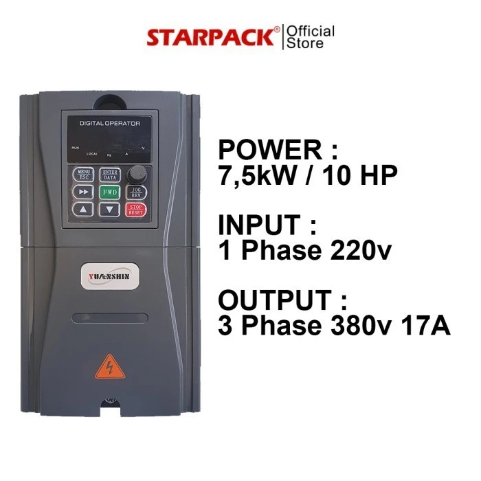 Inverter VFD Yuanshin V9 7,5kw / 10HP Input 1Phase 220V Output 3Phase 380V 1